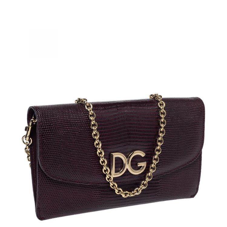 Pre Owned Dolce & Gabbana Dark Red Lizard Embossed Leather Logo Flap Chain Clutch