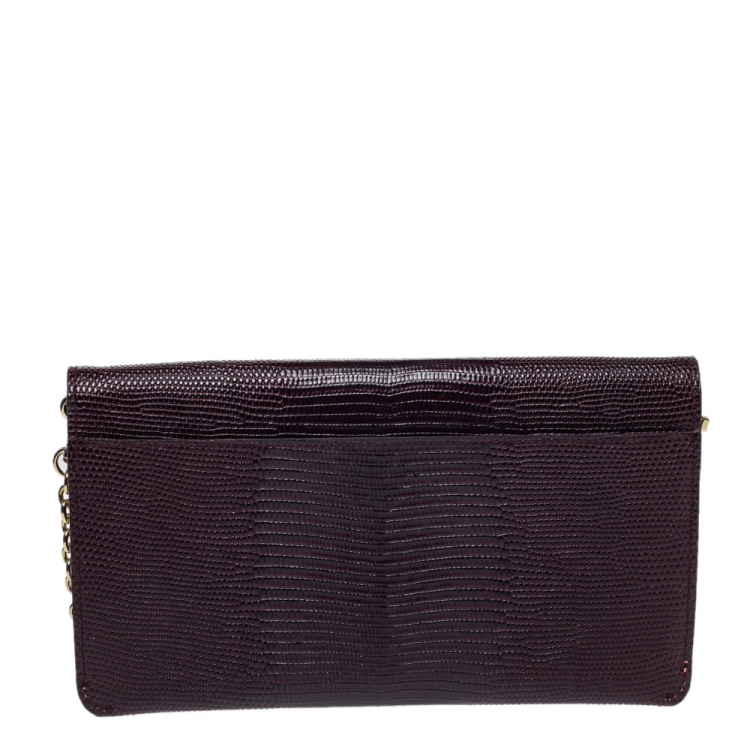 Pre Owned Dolce & Gabbana Dark Red Lizard Embossed Leather Logo Flap Chain Clutch