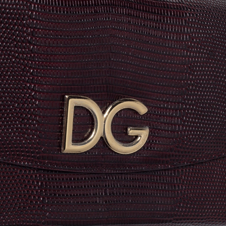 Pre Owned Dolce & Gabbana Dark Red Lizard Embossed Leather Logo Flap Chain Clutch