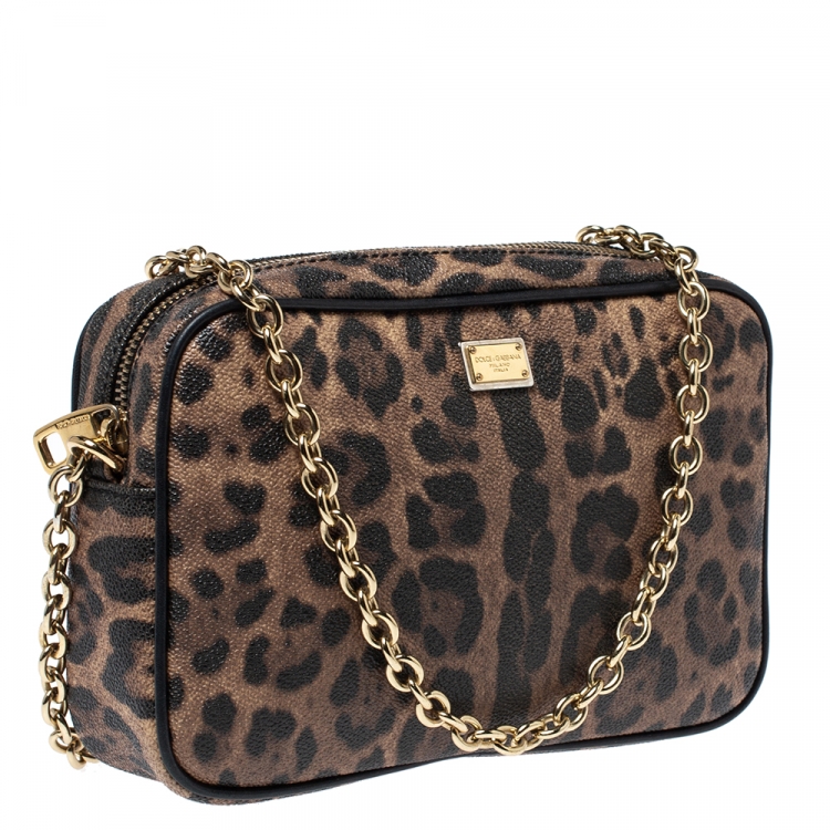 Pre Owned Dolce and Gabbana Beige Leopard Print Coated Canvas Crossbody Bag
