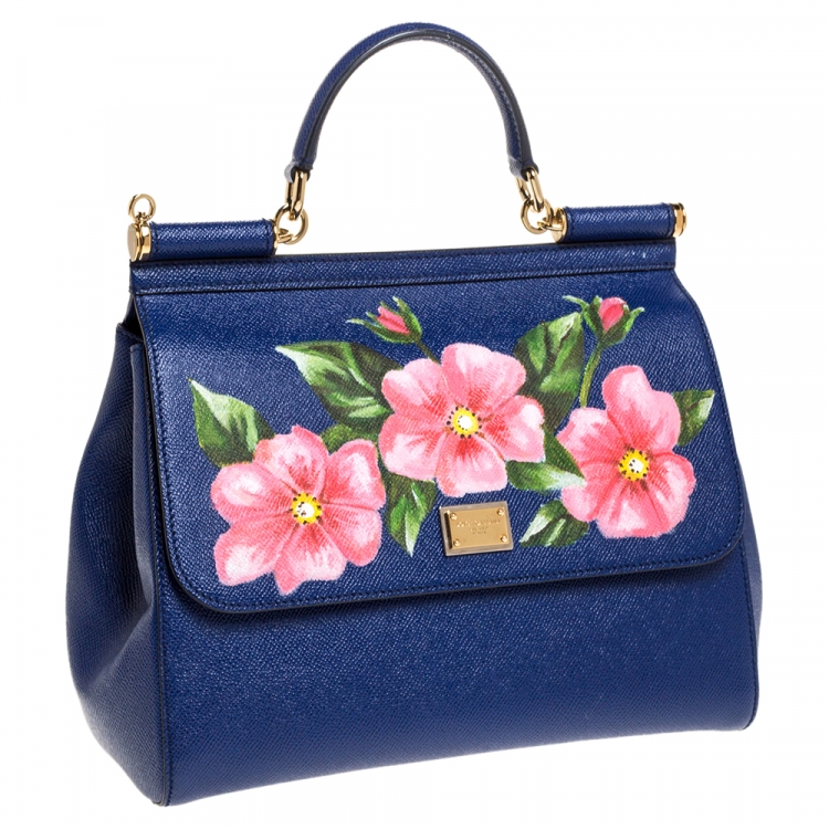 Pre Owned Dolce & Gabbana Blue Printed Leather Regular Miss Sicily Top Handle Bag