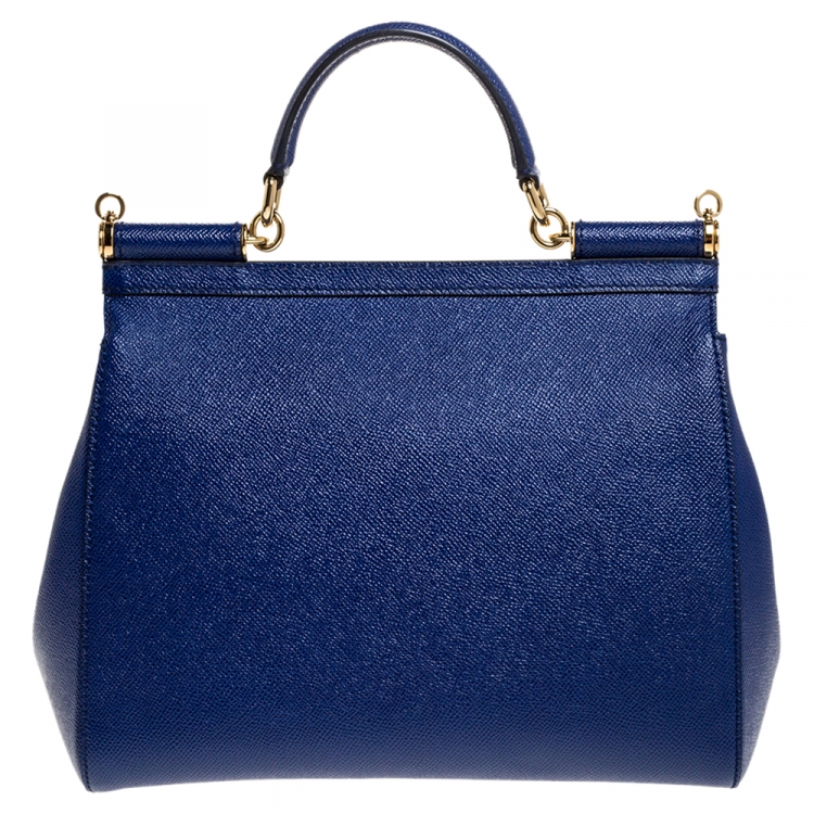 Pre Owned Dolce & Gabbana Blue Printed Leather Regular Miss Sicily Top Handle Bag