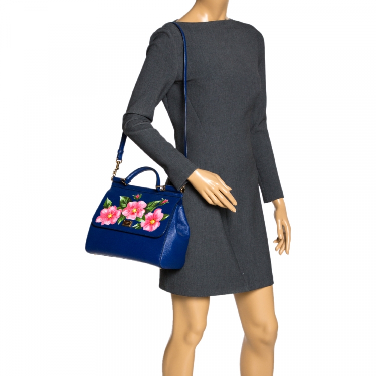 Pre Owned Dolce & Gabbana Blue Printed Leather Regular Miss Sicily Top Handle Bag