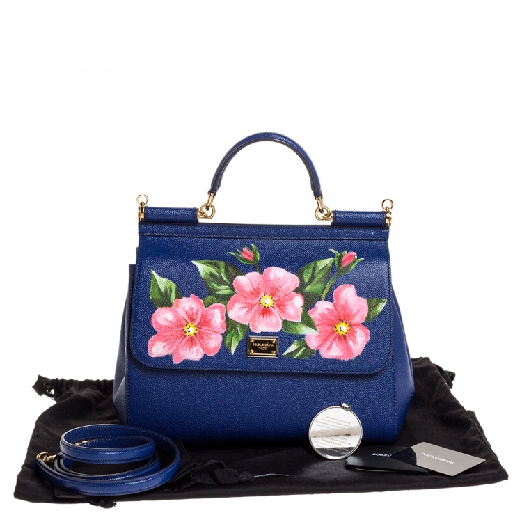 Pre Owned Dolce & Gabbana Blue Printed Leather Regular Miss Sicily Top Handle Bag