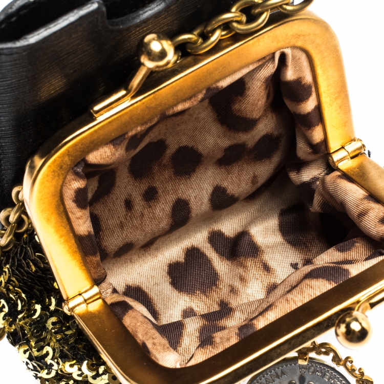 Pre Owned Dolce & Gabbana Gold/Black Sequins and Leather Cell Phone Crossbody Bag