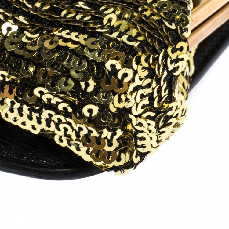 Pre Owned Dolce & Gabbana Gold/Black Sequins and Leather Cell Phone Crossbody Bag