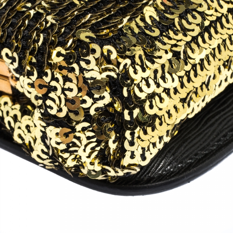 Pre Owned Dolce & Gabbana Gold/Black Sequins and Leather Cell Phone Crossbody Bag