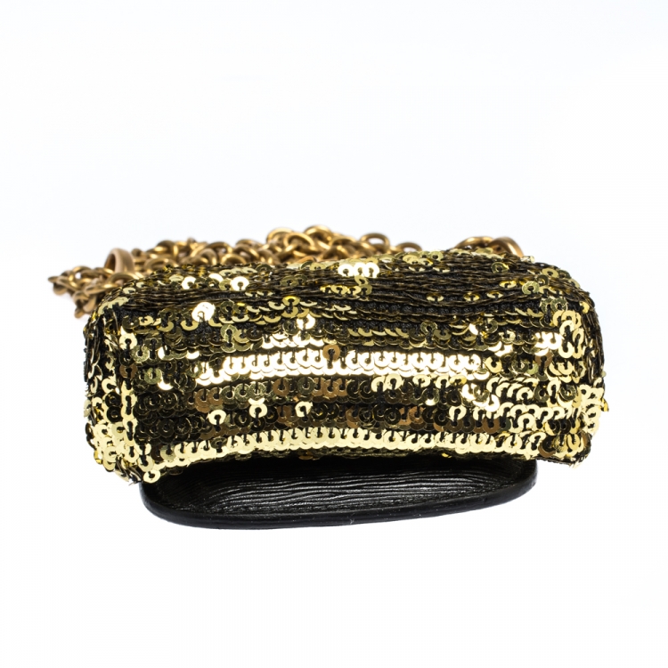 Pre Owned Dolce & Gabbana Gold/Black Sequins and Leather Cell Phone Crossbody Bag