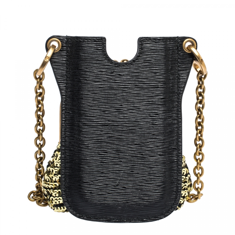 Pre Owned Dolce & Gabbana Gold/Black Sequins and Leather Cell Phone Crossbody Bag
