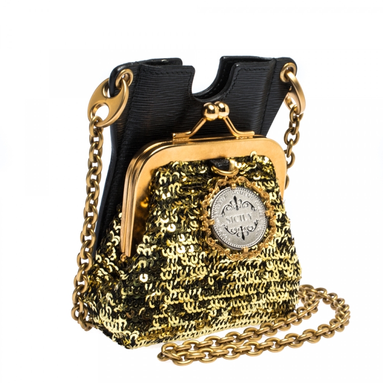 Pre Owned Dolce & Gabbana Gold/Black Sequins and Leather Cell Phone Crossbody Bag
