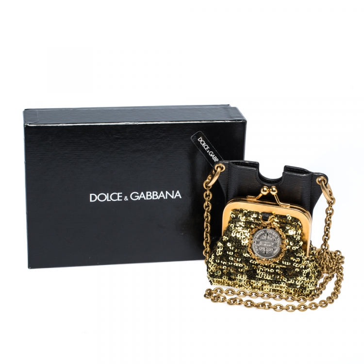 Pre Owned Dolce & Gabbana Gold/Black Sequins and Leather Cell Phone Crossbody Bag