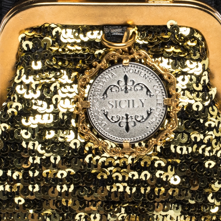 Pre Owned Dolce & Gabbana Gold/Black Sequins and Leather Cell Phone Crossbody Bag