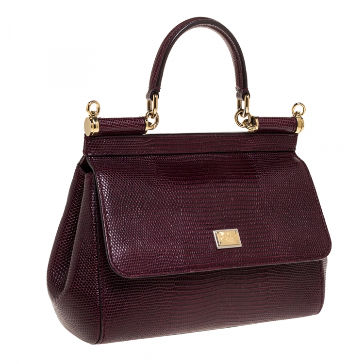 Pre Owned Dolce & Gabbana Burgundy Lizard Embossed Leather Small Miss Sicily Top Handle Bag