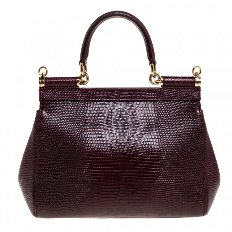 Pre Owned Dolce & Gabbana Burgundy Lizard Embossed Leather Small Miss Sicily Top Handle Bag