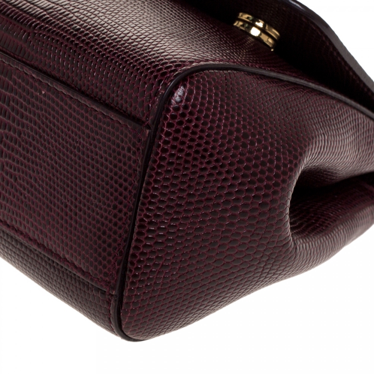 Pre Owned Dolce & Gabbana Burgundy Lizard Embossed Leather Small Miss Sicily Top Handle Bag