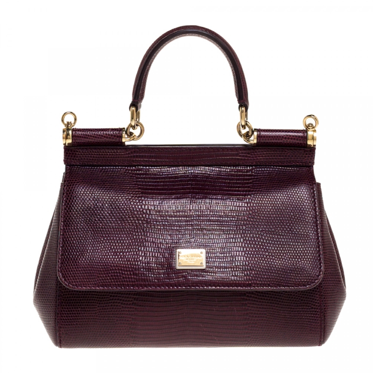 Pre Owned Dolce & Gabbana Burgundy Lizard Embossed Leather Small Miss Sicily Top Handle Bag
