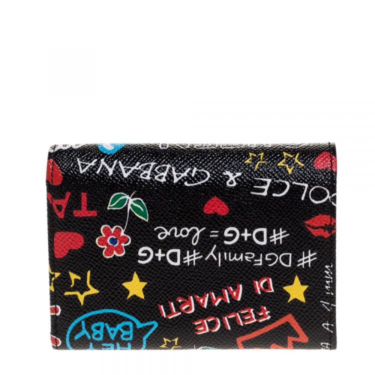 Pre Owned Dolce & Gabbana Multicolor Graffiti Print Leather Trifold Wallet