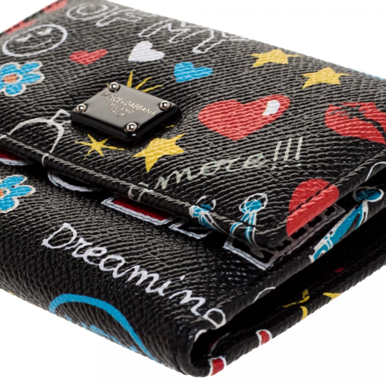 Pre Owned Dolce & Gabbana Multicolor Graffiti Print Leather Trifold Wallet