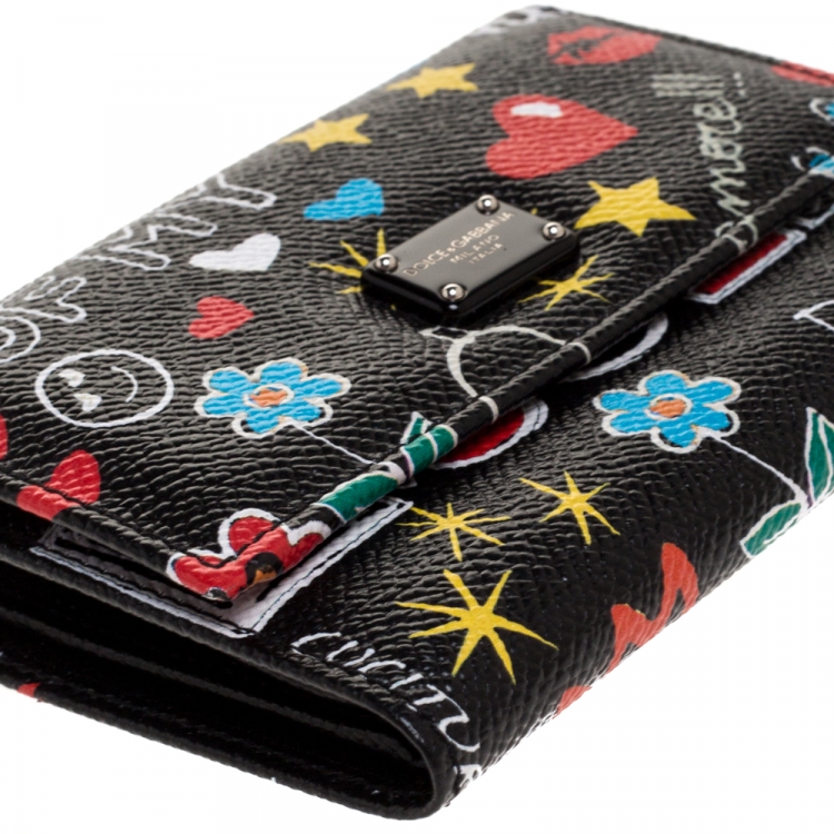 Pre Owned Dolce & Gabbana Multicolor Graffiti Print Leather Trifold Wallet