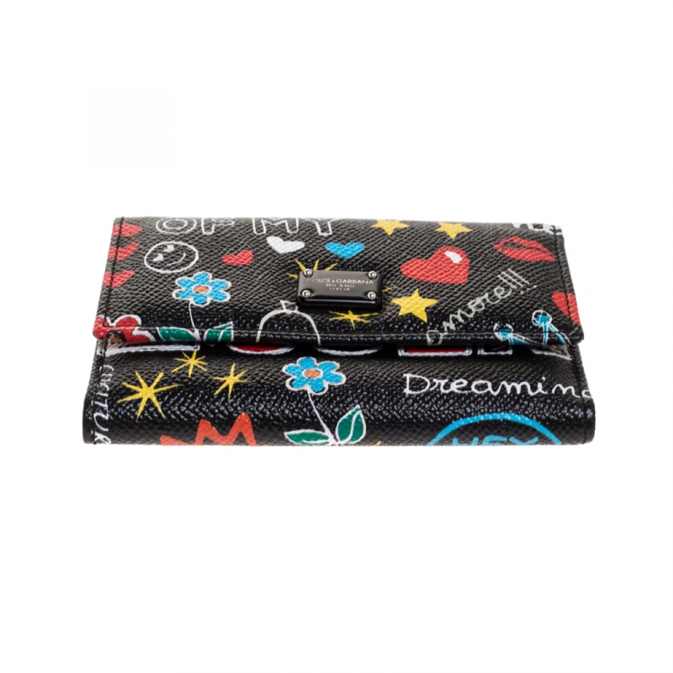 Pre Owned Dolce & Gabbana Multicolor Graffiti Print Leather Trifold Wallet