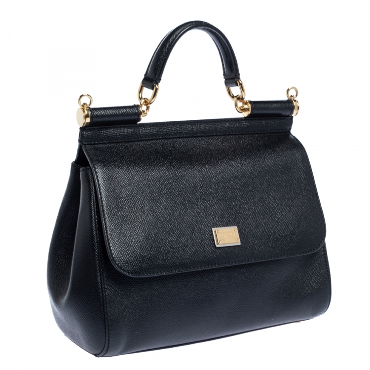 Pre Owned Dolce & Gabbana Black Leather Medium Miss Sicily Top Handle Bag