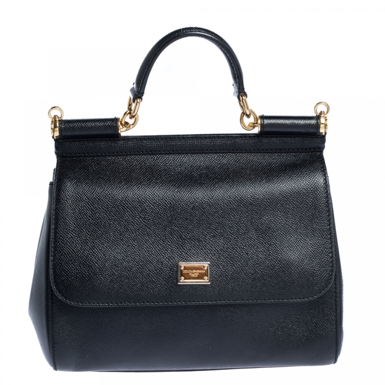 Pre Owned Dolce & Gabbana Black Leather Medium Miss Sicily Top Handle Bag