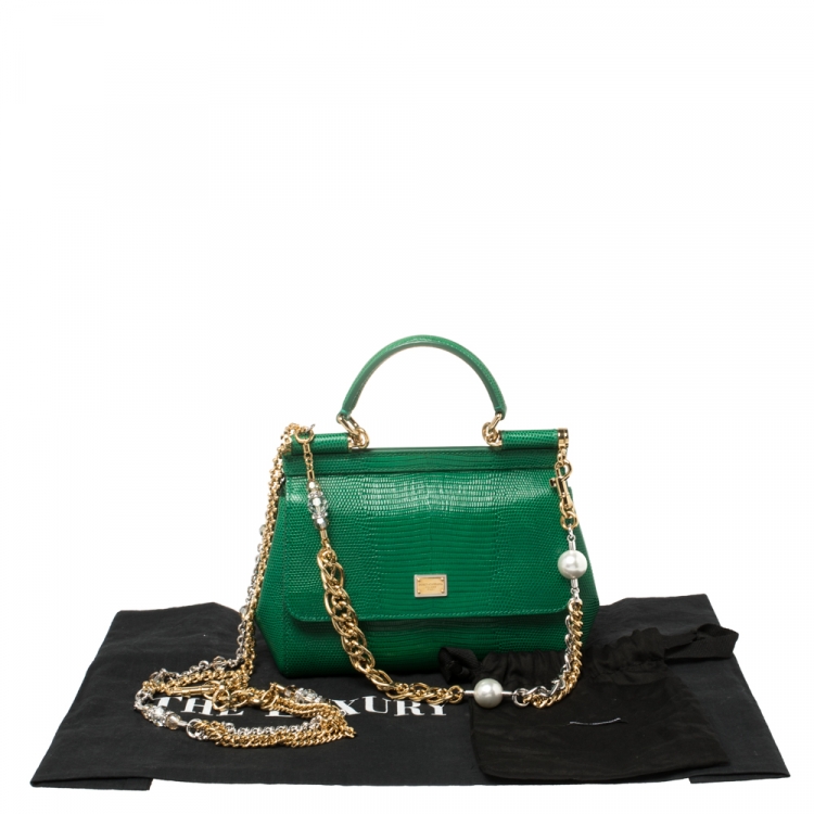Pre Owned Dolce and Gabbana Green Lizard Embossed Leather Small Miss Sicily Top Handle Bag