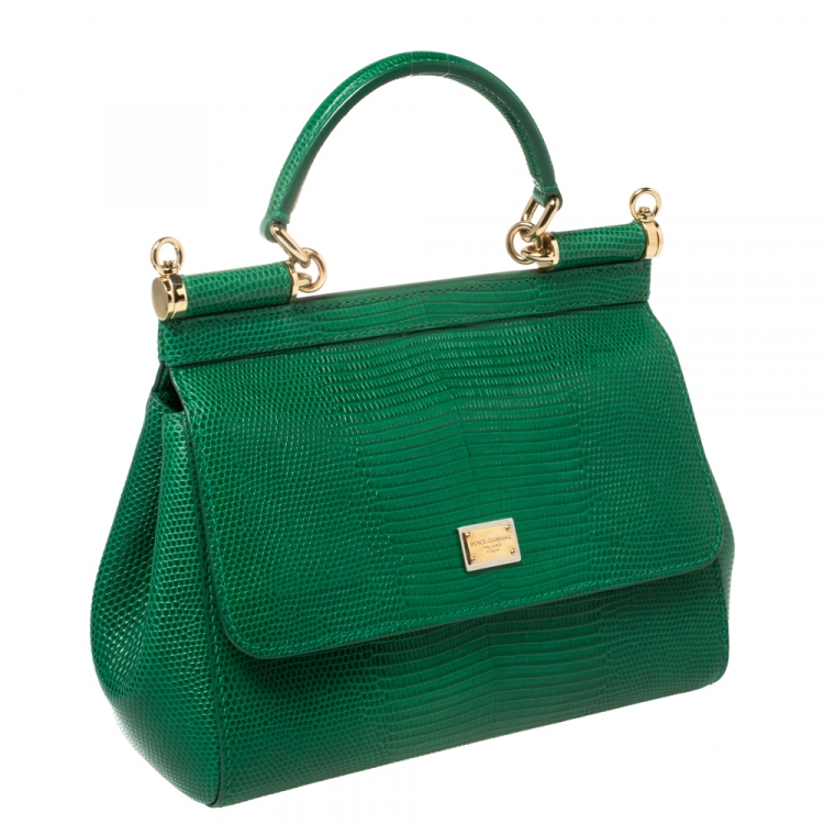 Pre Owned Dolce and Gabbana Green Lizard Embossed Leather Small Miss Sicily Top Handle Bag