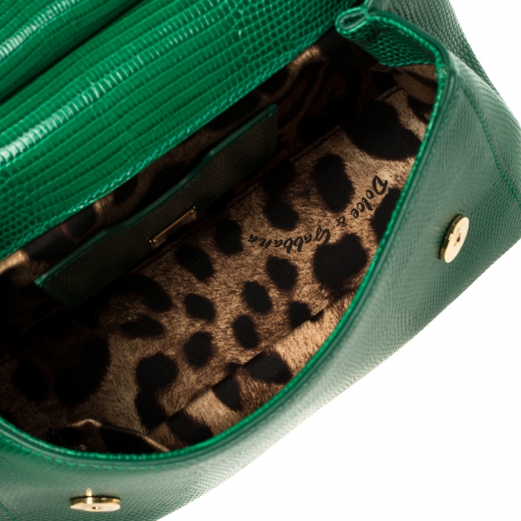 Pre Owned Dolce and Gabbana Green Lizard Embossed Leather Small Miss Sicily Top Handle Bag