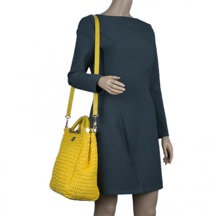 Pre Owned Dolce and Gabbana Yellow Woven Raffia Miss Sicily Tote Bag