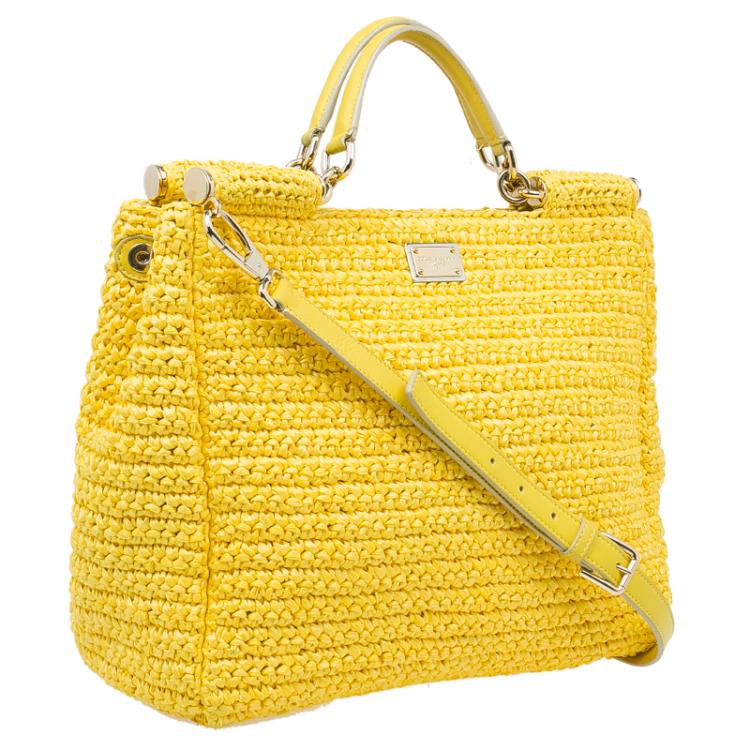 Pre Owned Dolce and Gabbana Yellow Woven Raffia Miss Sicily Tote Bag