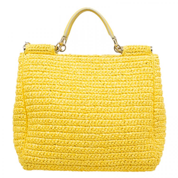 Pre Owned Dolce and Gabbana Yellow Woven Raffia Miss Sicily Tote Bag