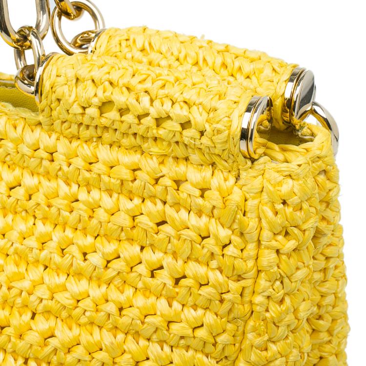 Pre Owned Dolce and Gabbana Yellow Woven Raffia Miss Sicily Tote Bag