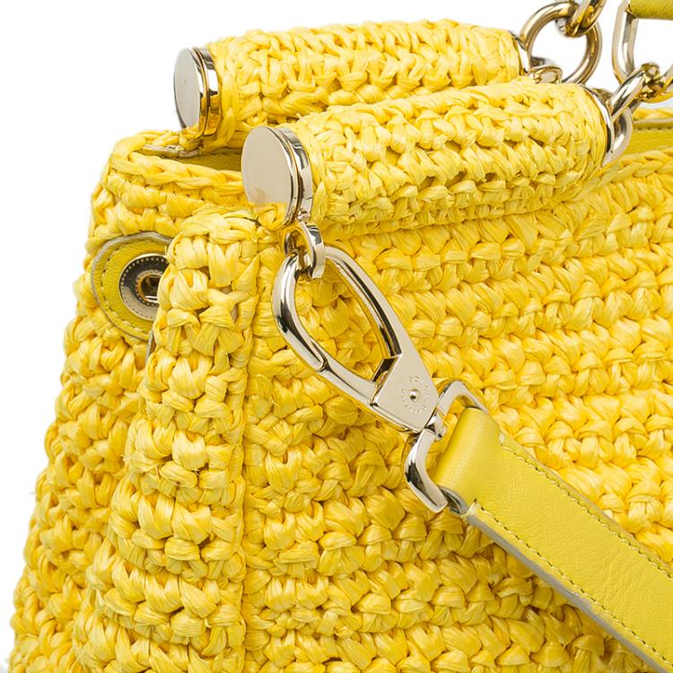 Pre Owned Dolce and Gabbana Yellow Woven Raffia Miss Sicily Tote Bag
