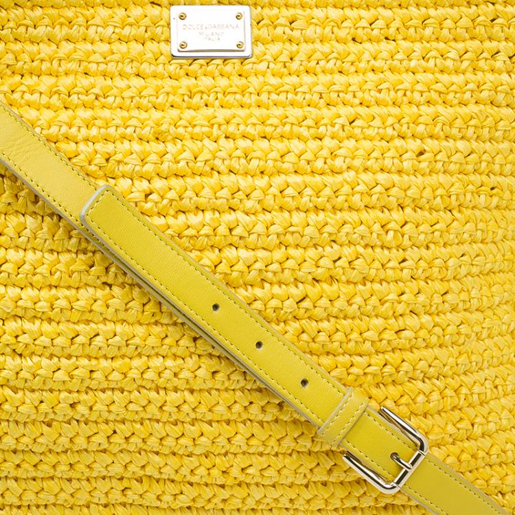 Pre Owned Dolce and Gabbana Yellow Woven Raffia Miss Sicily Tote Bag