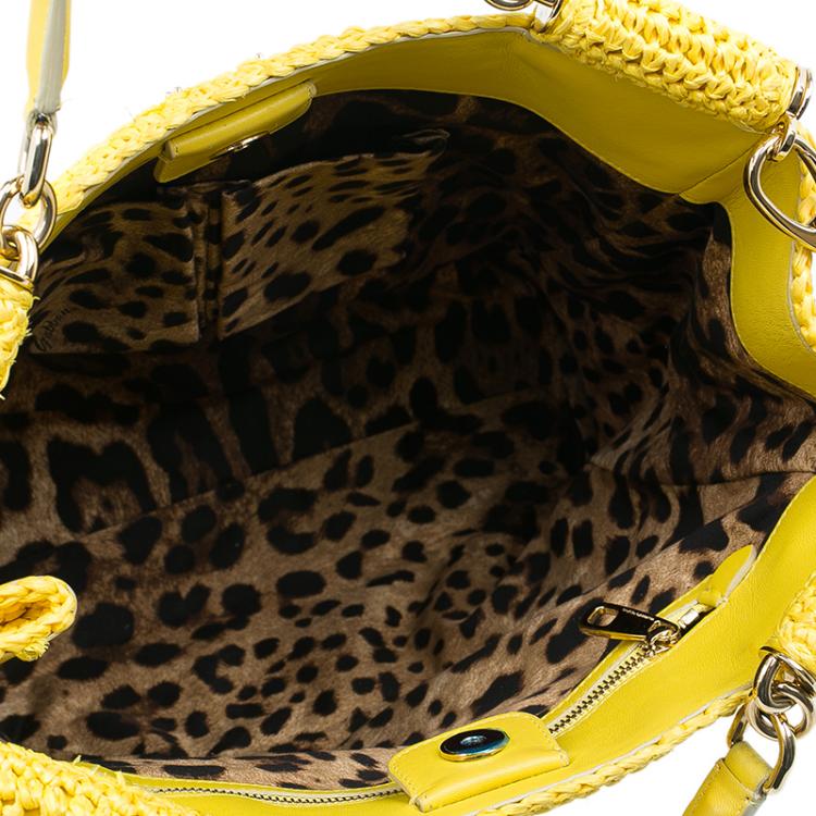 Pre Owned Dolce and Gabbana Yellow Woven Raffia Miss Sicily Tote Bag