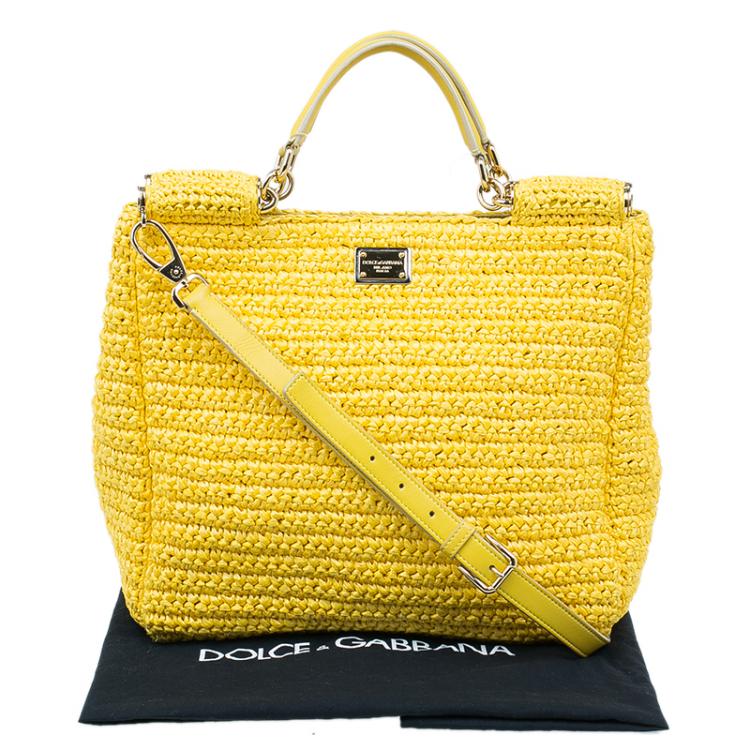 Pre Owned Dolce and Gabbana Yellow Woven Raffia Miss Sicily Tote Bag