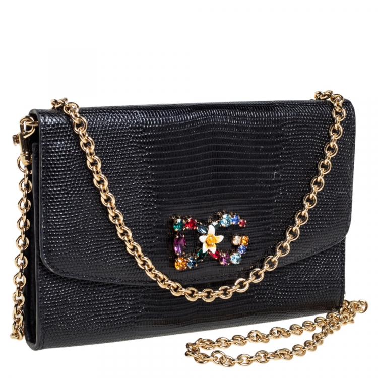 Pre Owned Dolce & Gabbana Black Lizard Embossed Leather Wallet on Chain