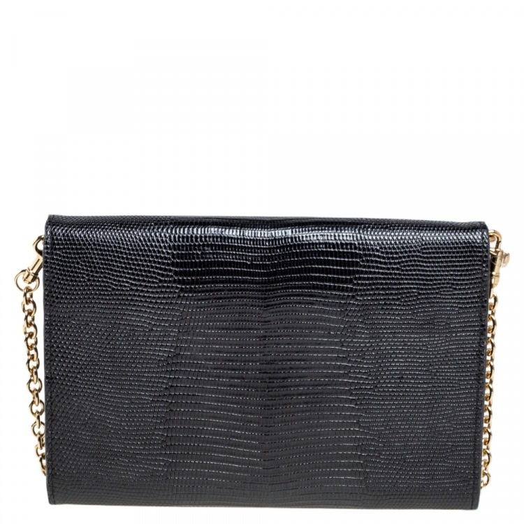 Pre Owned Dolce & Gabbana Black Lizard Embossed Leather Wallet on Chain