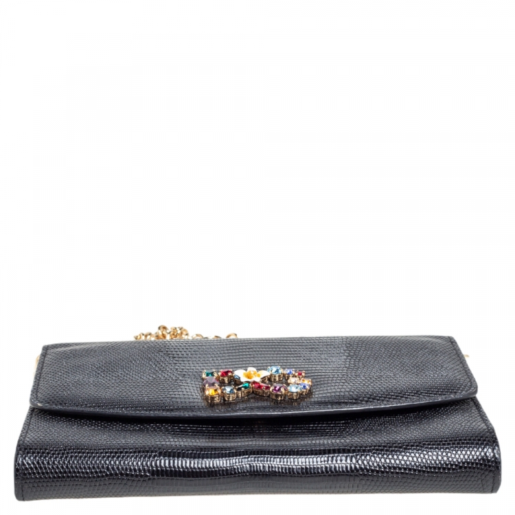 Pre Owned Dolce & Gabbana Black Lizard Embossed Leather Wallet on Chain