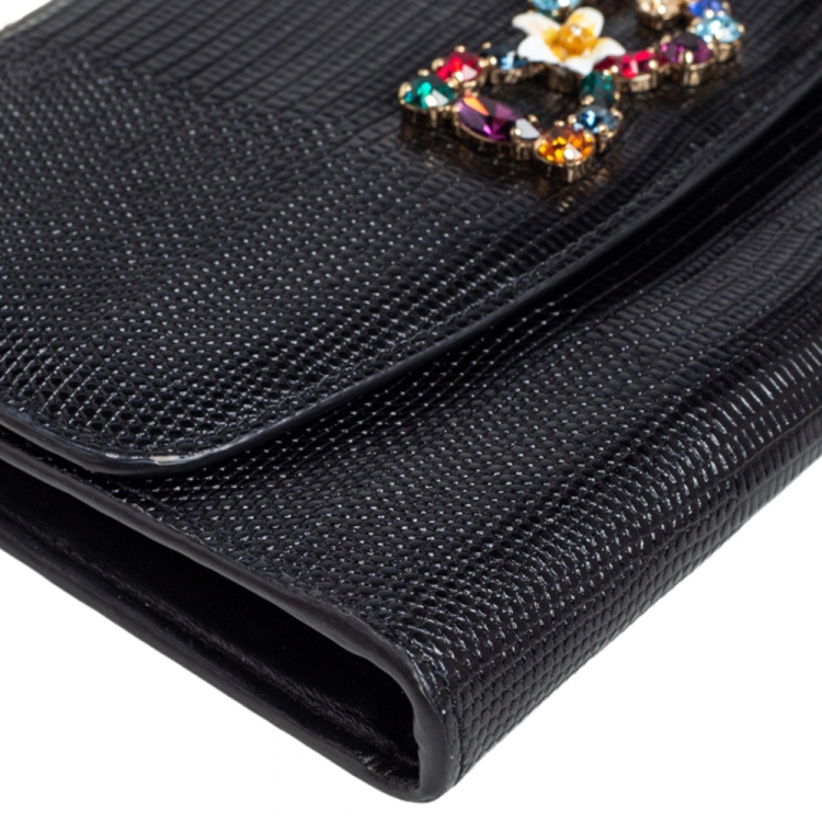 Pre Owned Dolce & Gabbana Black Lizard Embossed Leather Wallet on Chain