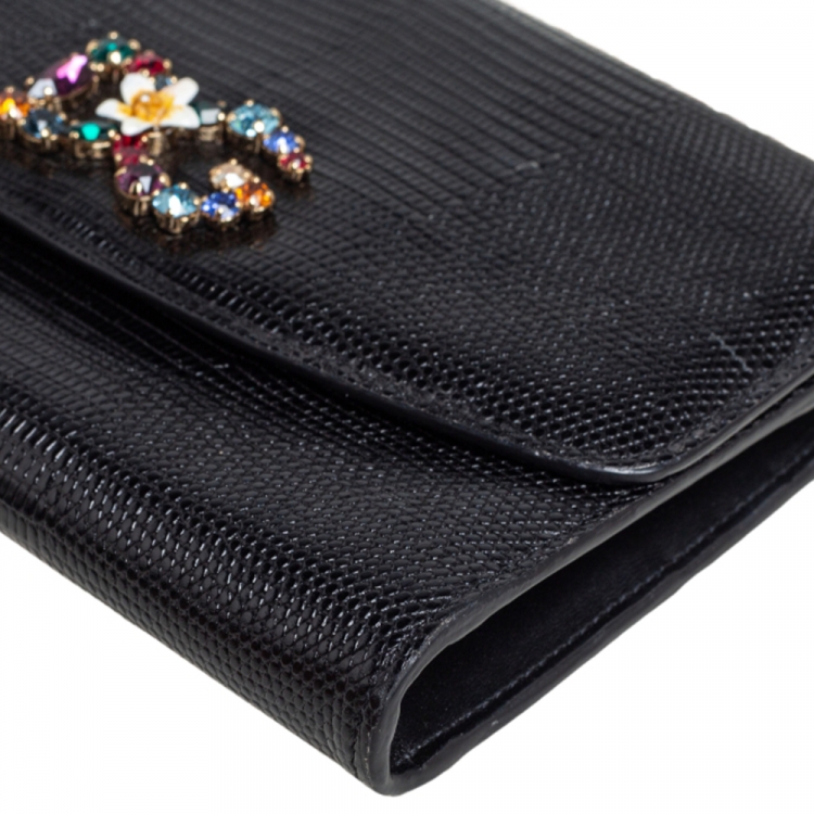 Pre Owned Dolce & Gabbana Black Lizard Embossed Leather Wallet on Chain
