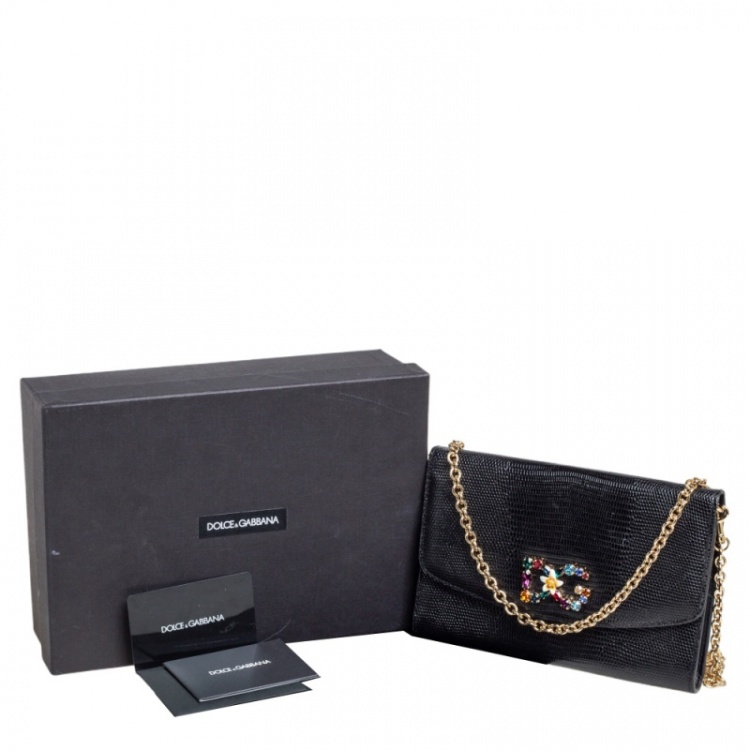 Pre Owned Dolce & Gabbana Black Lizard Embossed Leather Wallet on Chain