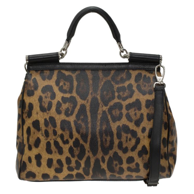 Pre Owned Dolce and Gabbana Leopard Print Coated Canvas Medium Miss Sicily Tote
