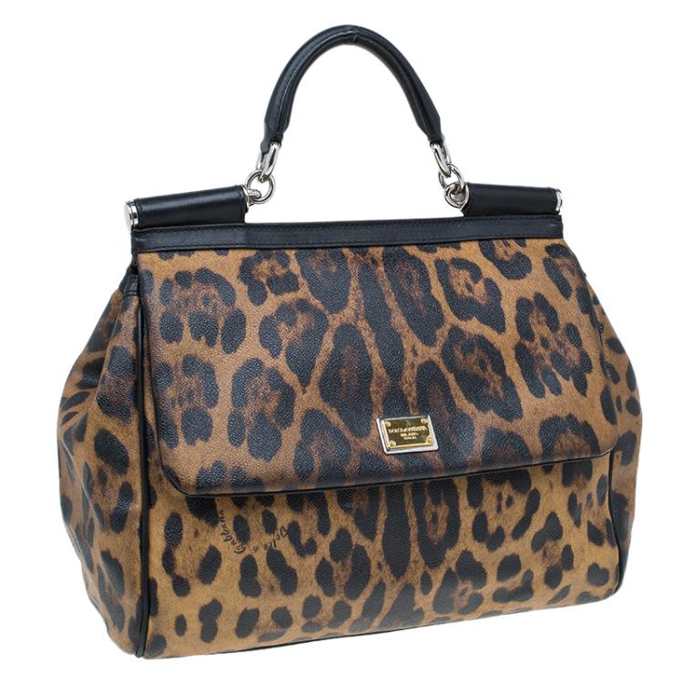 Pre Owned Dolce and Gabbana Leopard Print Coated Canvas Medium Miss Sicily Tote