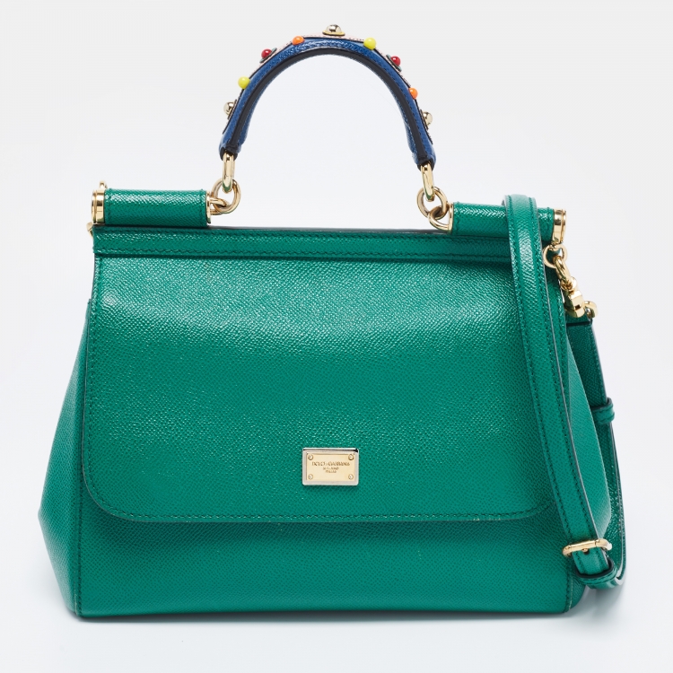 Dolce & Gabbana Green Leather Medium Miss Sicily Top Handle Bag Dolce