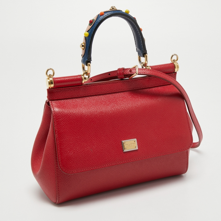 Pre Owned Dolce & Gabbana Red Leather Small Miss Sicily Top Handle Bag