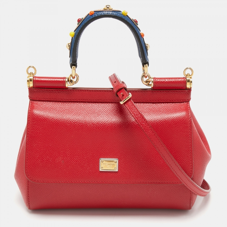 Pre Owned Dolce & Gabbana Red Leather Small Miss Sicily Top Handle Bag