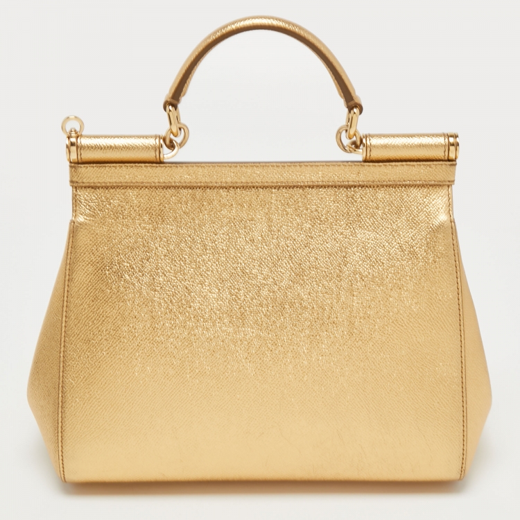 Pre Owned Dolce & Gabbana Metallic Gold Leather Medium Miss Sicily Top Handle Bag