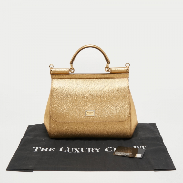 Pre Owned Dolce & Gabbana Metallic Gold Leather Medium Miss Sicily Top Handle Bag
